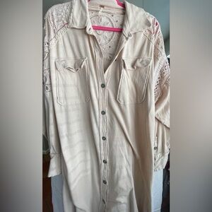 Elegant Cream Lace & beaded long button down cardi /top